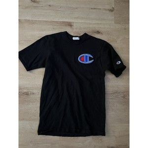 Champion Shirt Mens Small Black Big C Logo Short Sleeve Cotton Casual